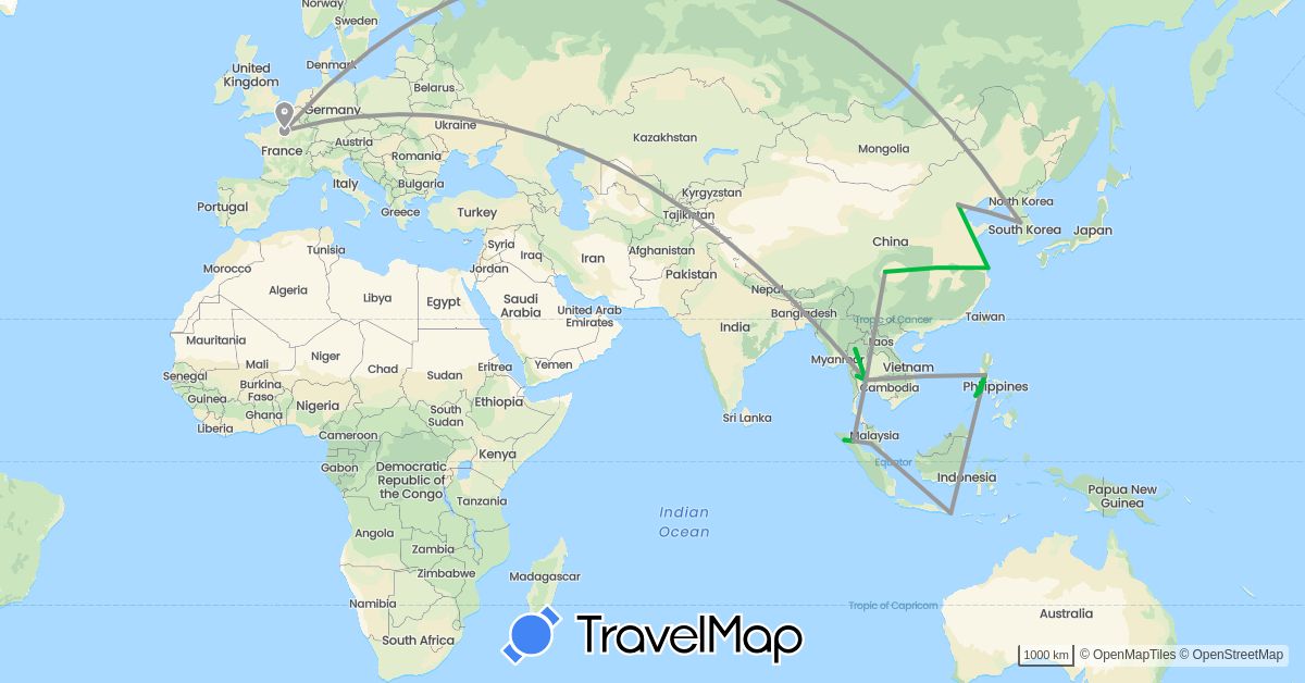 TravelMap itinerary: driving, bus, plane in China, France, Indonesia, South Korea, Malaysia, Philippines, Thailand (Asia, Europe)