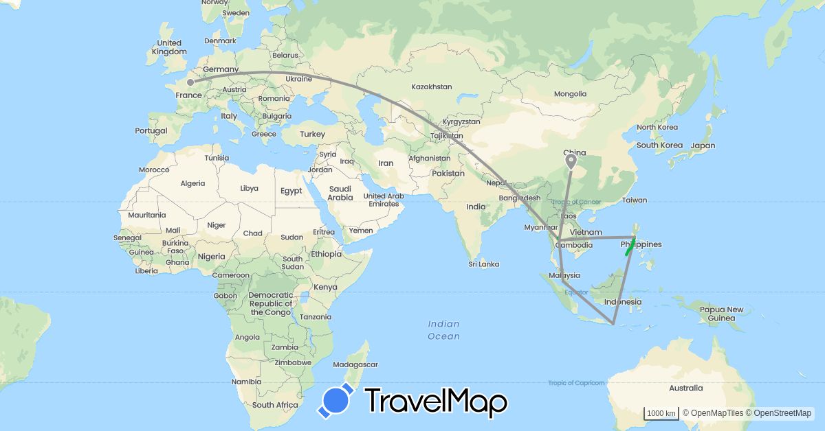TravelMap itinerary: driving, bus, plane in China, France, Indonesia, Malaysia, Philippines, Thailand (Asia, Europe)