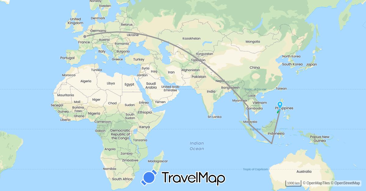 TravelMap itinerary: driving, bus, plane, boat in France, Indonesia, Malaysia, Philippines, Thailand (Asia, Europe)
